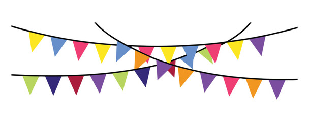 Festive Bunting Garland: A vibrant string of colorful triangular flags, perfect for celebrating any occasion. holiday decoration, party banner, cheerful event. © Vector By Thakur