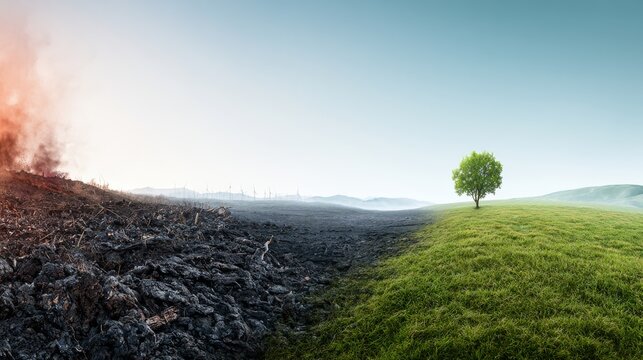 Contrast of fire and green land shows the impact of climate change on the environment and the importance of conservation efforts