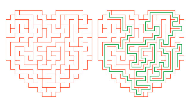 Puzzle maze in heart form with solution example