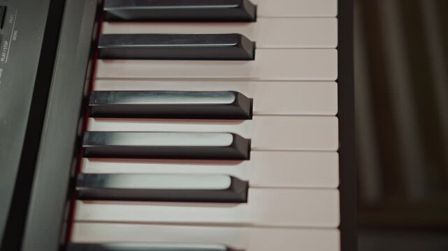 Top keyboard keys classroom practice session, digital piano board with red felt lining, bright natural light, student scale exercise, instructor guidance implied, crisp black sharps, repetitive finger