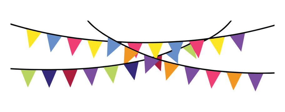 Festive Bunting Garland: A vibrant string of colorful triangular flags, perfect for celebrating any occasion. holiday decoration, party banner, cheerful event.