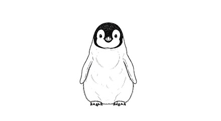 A chubby baby penguin stands upright on a white background in a black and white line art sketch. © Mz