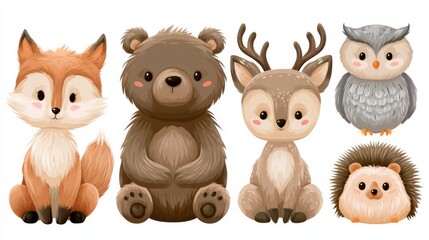 Fototapeta premium Cute cartoon animals sit together in a row showcasing a fox, bear, deer, owl, and hedgehog in bright colors