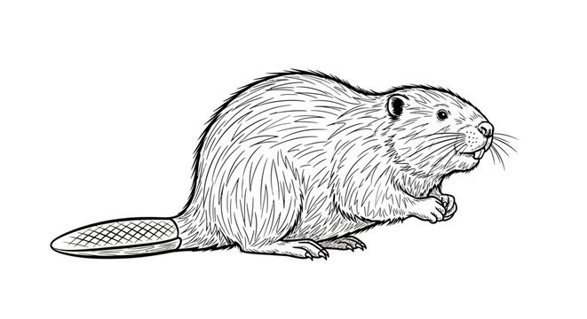 A black and white line art sketch depicts a beaver with a flat tail on a white background.