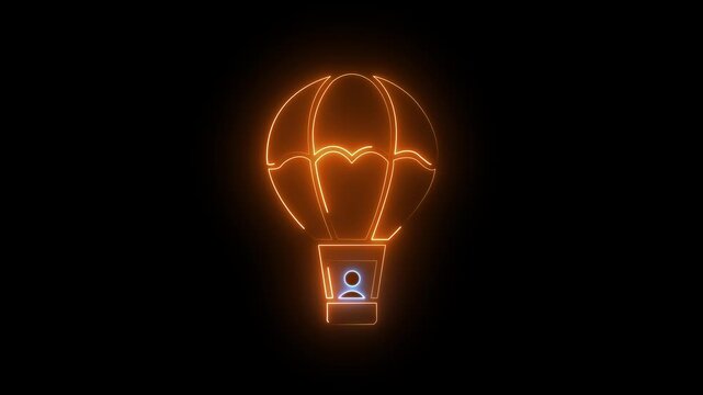 Glowing neon hot air balloon ride icon on black background