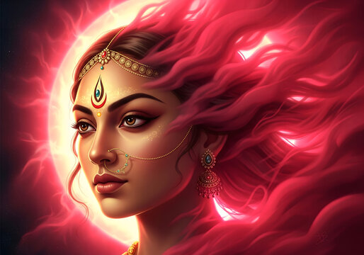 Radiant portrait of an Indian goddess with traditional jewelry, flowing red hair, and a mystical aura.