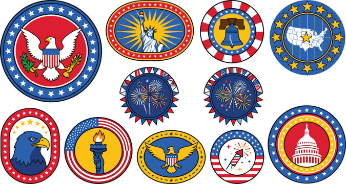 Colorful USA patriotic badge and sticker vector set, 4th of July American symbols and eagle illustration