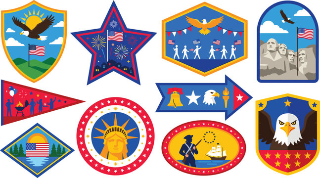 Patriotic USA badge and sticker vector set, flat design American Independence Day elements and landmarks illustration