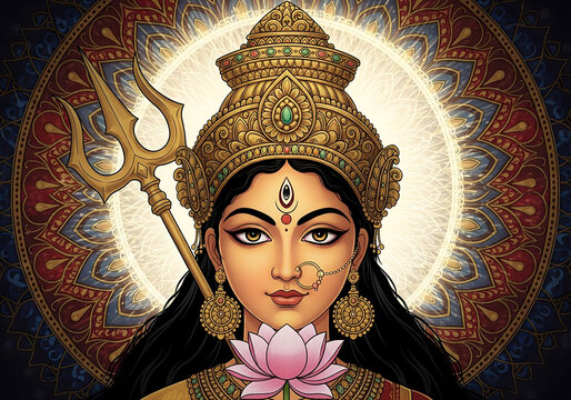 Divine illustration of a Hindu goddess, adorned with a golden crown and jewels, holding a trident and a pink lotus flower, set against a radiant halo and vibrant mandala background, symboliz
