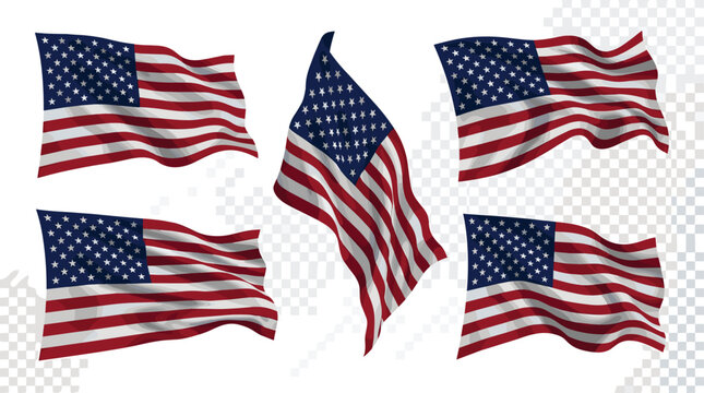 Realistic waving American flag vector set, 3D fluttering USA national flags isolated on transparent background