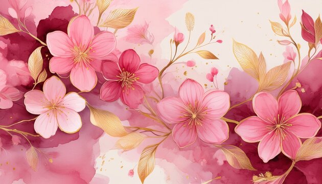 elegant pink floral pattern with watercolor cherry blossoms and gold accents