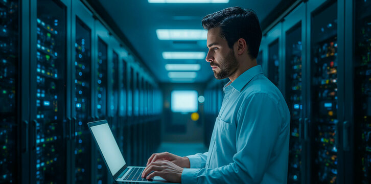 Side view portrait of a male IT technician using a laptop inside a server room facility, representing cloud computing infrastructure, cyber security management, network operations and digital tech bg
