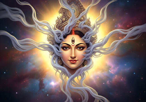 A radiant Hindu goddess head with a third eye glows with spiritual energy amidst swirling ethereal light and a vibrant cosmic starry sky.