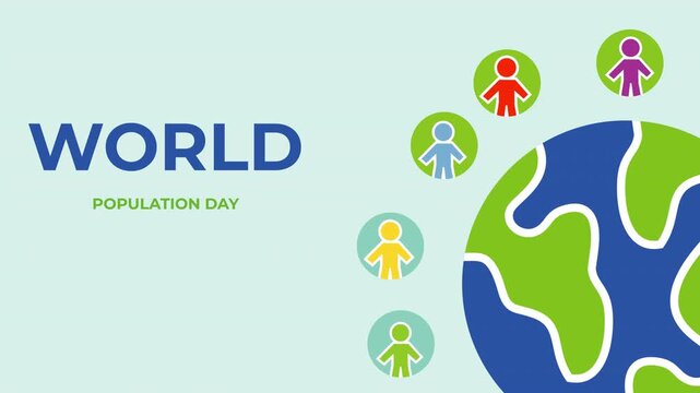 Celebrating world population day on 11 july with colorful human figures surrounding an earth globe in blue and green. Perfect for global awareness campaigns and educational materials. 