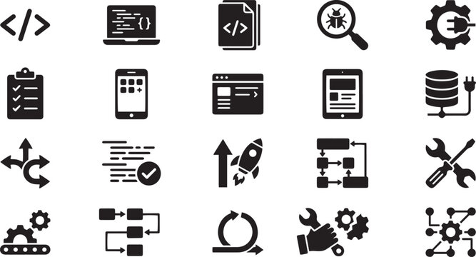 Software Development and Coding Solid Glyph Icons Set