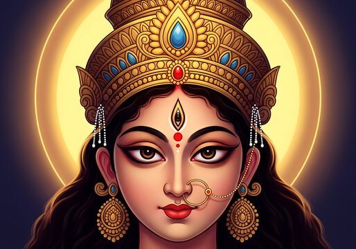 Close-up illustration of a revered Hindu goddess with a third eye and an ornate golden crown against a dark background with a glowing halo.