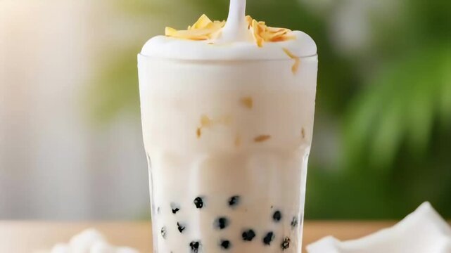 Closeup sequence of creamy bubble tea being poured into a tall glass with tapioca pearls and whipped topping, refreshing drink
