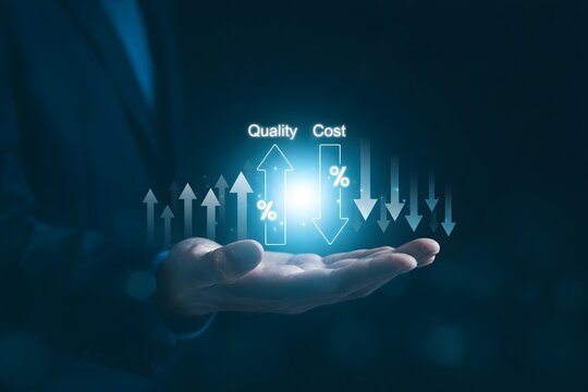 Quality increase and cost optimization for products or services to improve efficiency. Businessman with quality control growth graph and cost reduction, Effective business, Efficient Risk, Cost report
