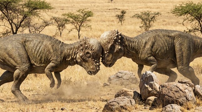 Pachycephalosaurus: Two dinosaur heads butting in a prehistoric landscape, suggesting a battle for dominance or territory. The scene is set in a dry.