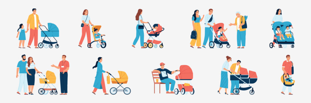 Parents with Baby Strollers and Prams Vector Character Set.