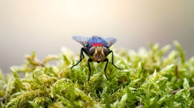 Blowfly resting on vibrant green moss in a damp forest environment showcasing iridescent metallic colors and detailed anatomy in a high-resolution macro nature photography shot