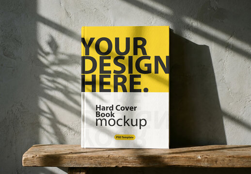 Vertical Hard Cover Book Mockup on wooden shelf with shadows from window