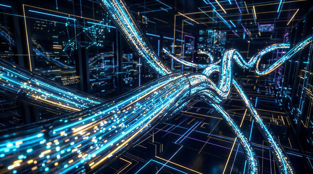 Abstract blue fiber optic light trails representing high-speed data transfer in a futuristic digital space