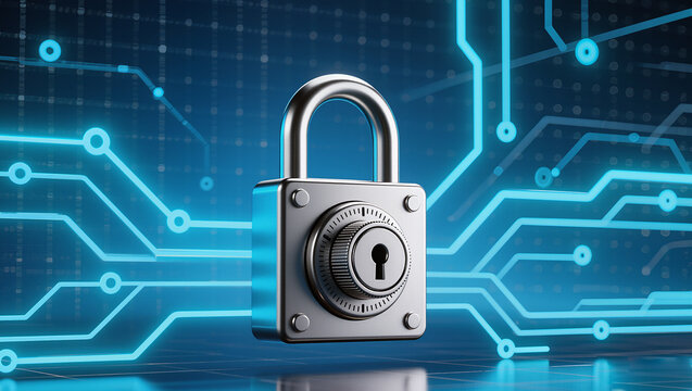 padlock and binary code in blue background illustration