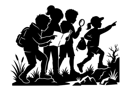 Children Hiking and Exploring Nature with Map Silhouette Vector Illustration