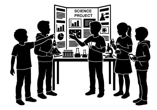 School Students Presenting Science Project Silhouette Vector Illustration