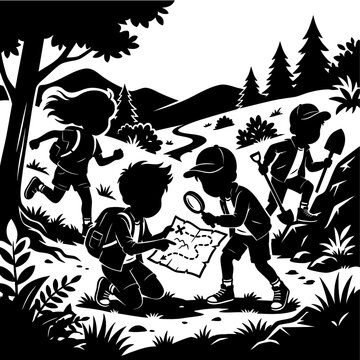 Children Exploring Nature with Map Adventure Silhouette Vector Illustration