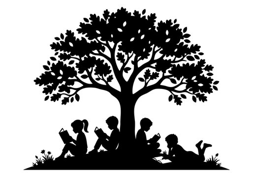 Children Reading and Relaxing Under a Tree Silhouette Vector Illustration