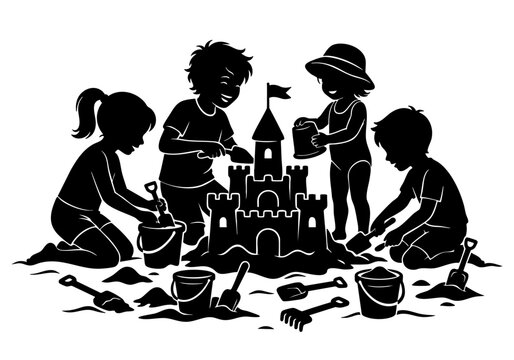 Children Building Sandcastle on the Beach Silhouette Vector Illustration