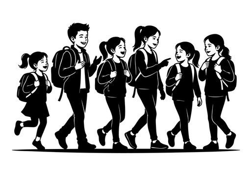 School Students Walking Together with Backpacks Silhouette Vector Illustration
