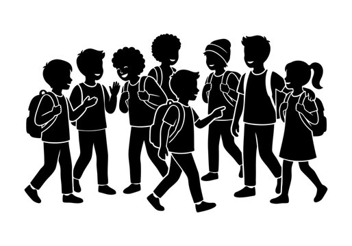 Diverse School Children Group Walking and Talking Silhouette Vector Illustration
