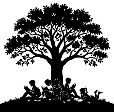 Children Reading Under Tree Education and Learning Vector Illustration