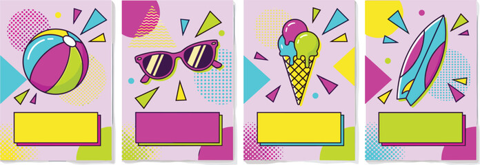 Retro 80s 90s pop art summer poster vector set, memphis style beach vacation card illustrationRetro 80s 90s pop art summer poster vector set, memphis style beach vacation card illustration