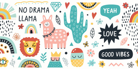 Boho Doodle Art Collection With Llamas Hearts And Geometric Shapes © Tarun