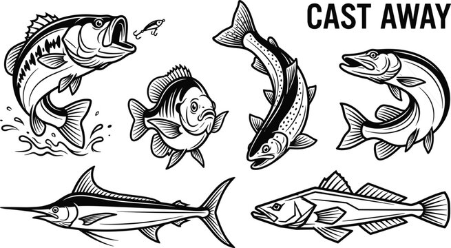 Vintage black and white fishing vector set, engraved style freshwater and saltwater fish illustrations