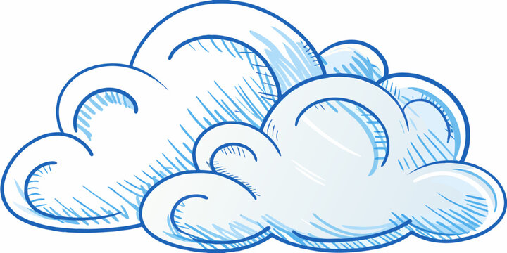Blue sketched cloud illustration with hand drawn lines on a white background