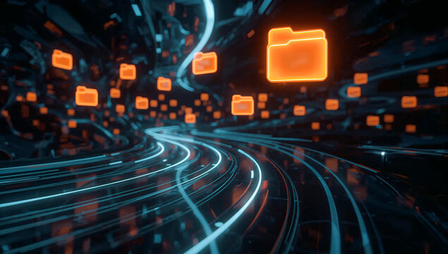 Advanced digital file management system with glowing orange folder icons and neon data transfer pathways, futuristic cloud storage technology, cyber security network, data organization and information