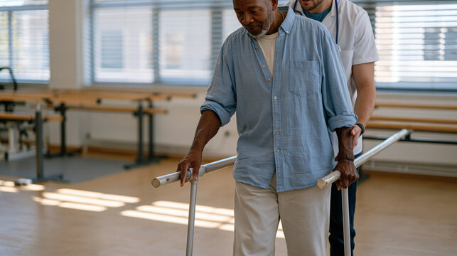 Occupational therapist guides a stroke survivor through assisted resistance band exercises in a rehabilitation clinic, parallel bars visible in the background, afternoon light through therapy room b