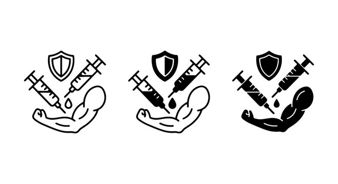 Muscle Growth Icons: Syringe, Shield, Arm Set. Medical, Fitness, Health, Performance Enhancement Vector Graphics