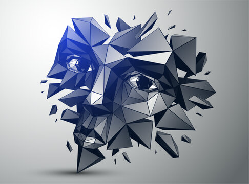 Low poly polygonal portrait of human face breaking into fragments, abstract geometric explosion of shattered pieces, modern digital illustration.