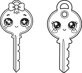 Obraz premium Whimsical cartoon keys with cute faces and bow, black and white line art illustration
