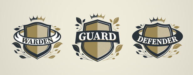 Fototapeta premium Heraldic shield symbol representing protection set, security reliability, inspired by defense systems, safety services and trust-based organizations.