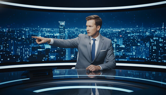 A professional news anchor pointing to the side in a broadcasting studio