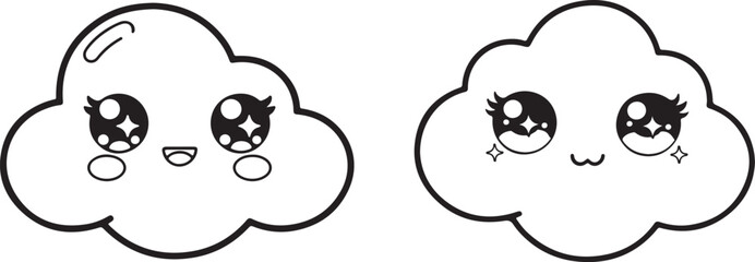 Fototapeta premium Two cute cartoon clouds with faces, eyes, and mouths, expressing happiness and joy