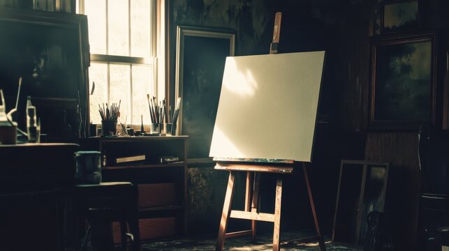 Artist's studio with blank canvas, brushes and dark walls illuminated by soft natural light