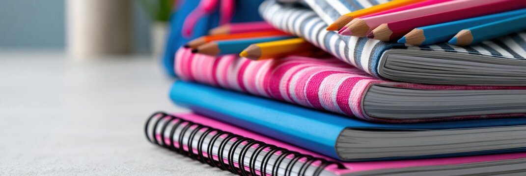 Collection of School Supplies With Colorful Notebooks and Pencils on a Table